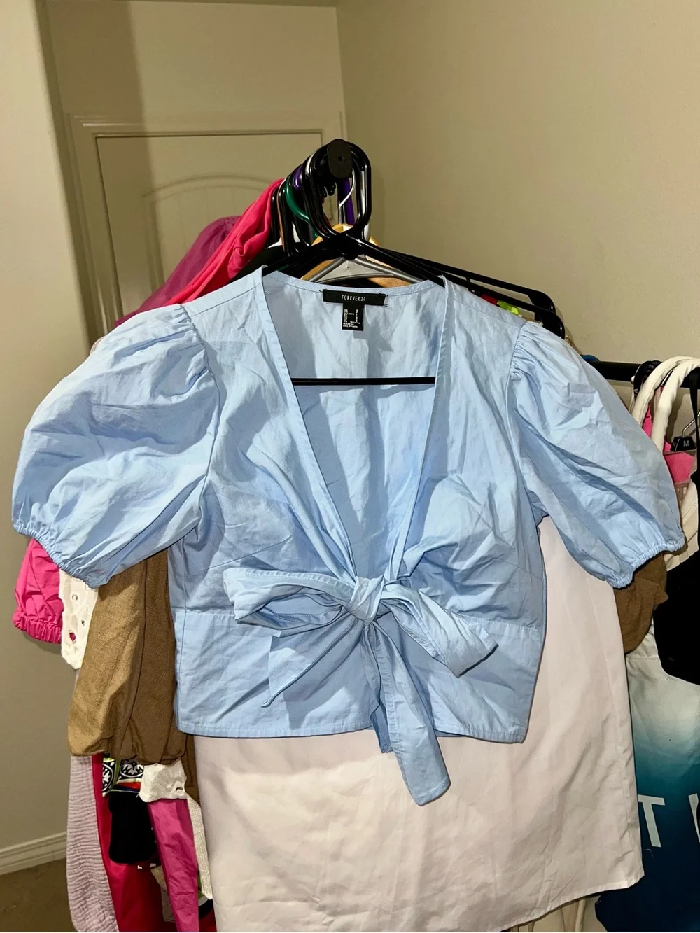Forever 21 Poplin Light Blue Bow-Front Puff Sleeve Crop Top